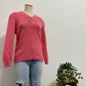 Karen Scott Pink Lace-Up Neck Sweater | Long Sleeve Knit Pullover | Size Small